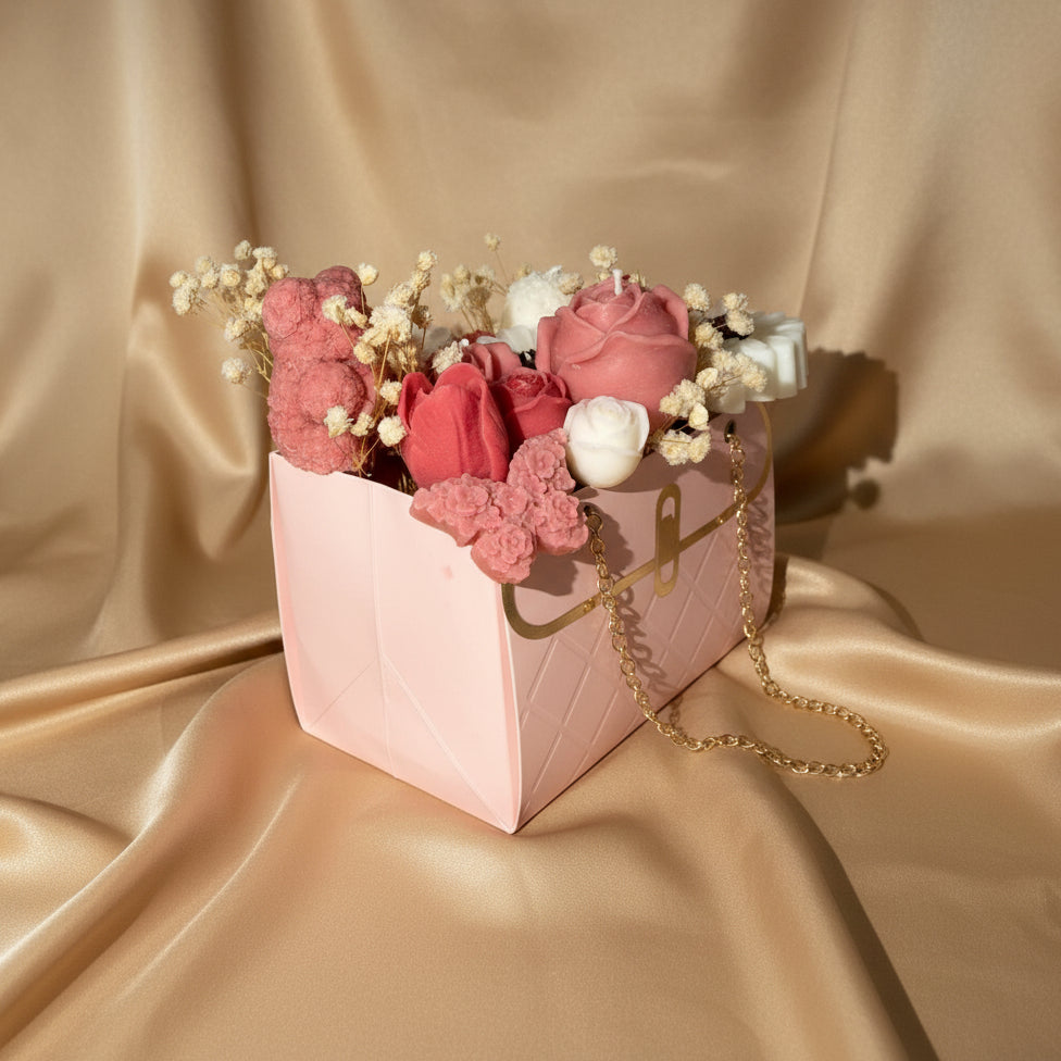 Luxury Candle Gift Bag with Pink Teddy Bear & Flower Candles | Handmade Wax Bouquet, Gift for Her | CandidFeels