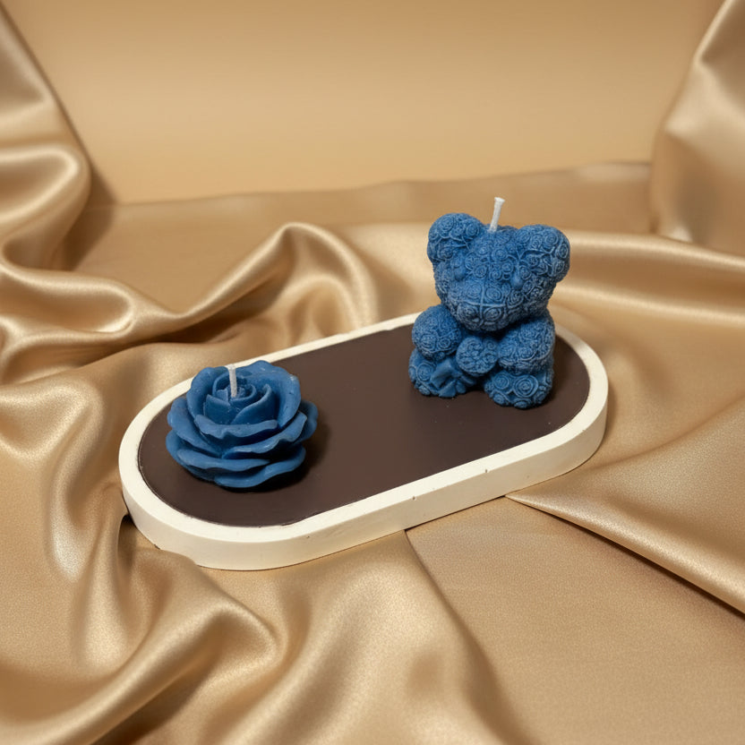 Handmade Teddy Bear & Rose Candle Set on Brown & White Tray | Luxury Decorative Candle Arrangement | Unique Gift for Her