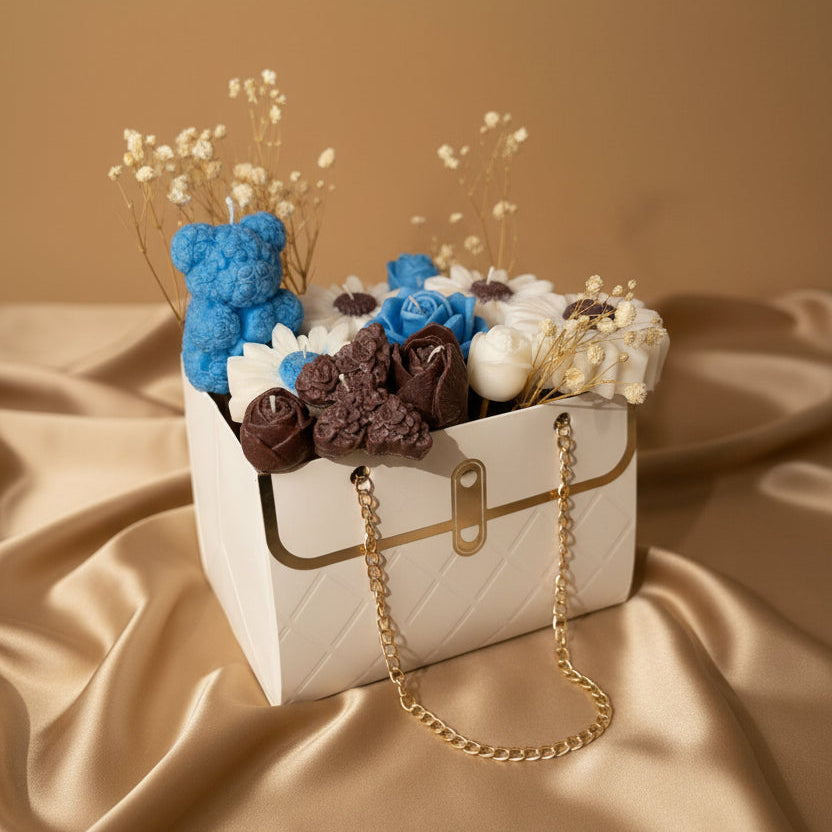 Luxury Candle Gift Bag with Blue Teddy Bear & Flower Candles | Handmade Wax Bouquet, Gift for Her