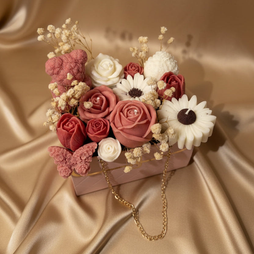 Luxury Candle Gift Bag with Pink Teddy Bear & Flower Candles | Handmade Wax Bouquet, Gift for Her | CandidFeels