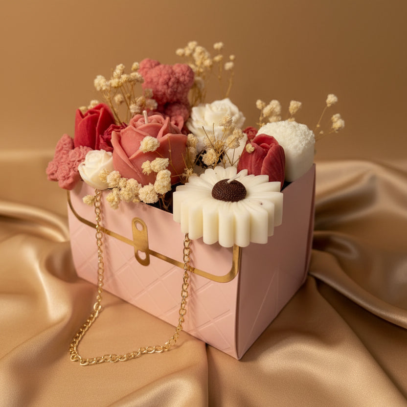 Luxury Candle Gift Bag with Pink Teddy Bear & Flower Candles | Handmade Wax Bouquet, Gift for Her | CandidFeels