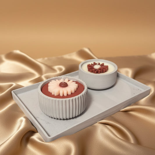 Handmade Daisy Candle Set on Gray Tray | Floral Decorative Candles | Luxury Home Décor & Gift Idea