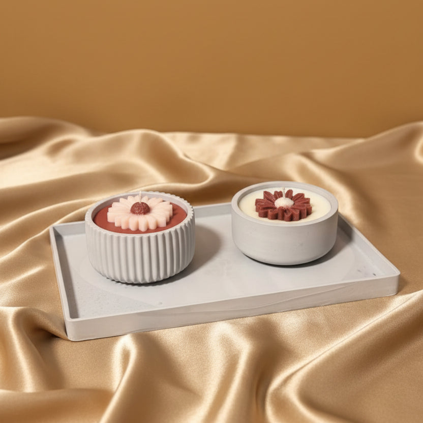 Handmade Daisy Candle Set on Gray Tray | Floral Decorative Candles | Luxury Home Décor & Gift Idea