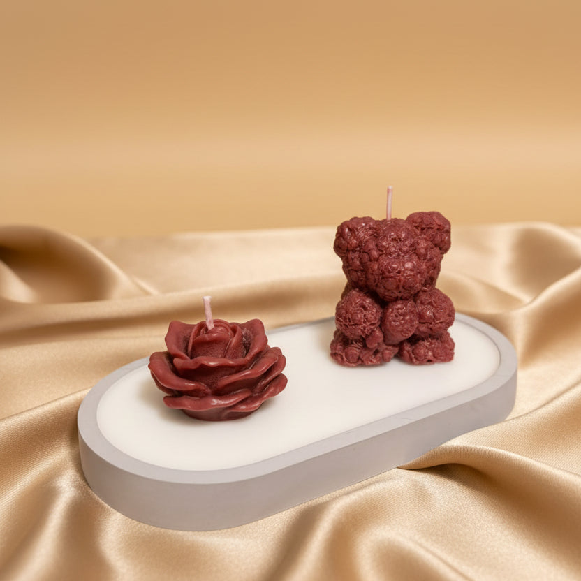 Handmade Teddy Bear & Rose Candle Set on Gray Tray | Luxury Decorative Candle Arrangement | Unique Gift for Her