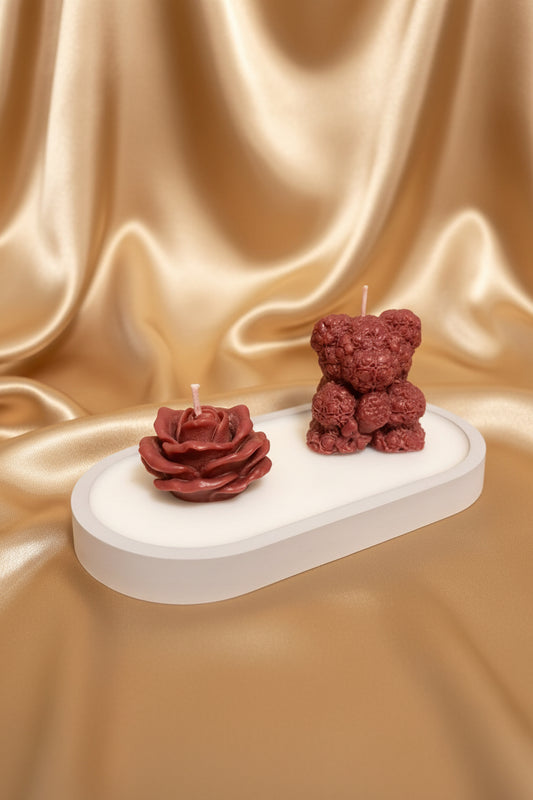 Handmade Teddy Bear & Rose Candle Set on Gray Tray | Luxury Decorative Candle Arrangement | Unique Gift for Her