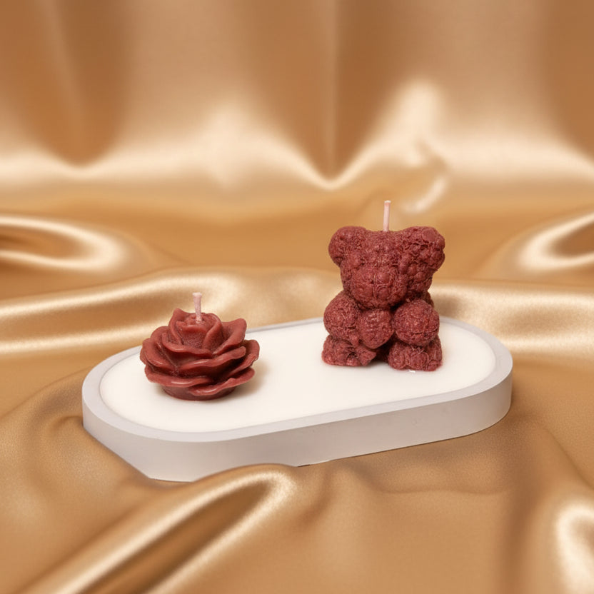 Handmade Teddy Bear & Rose Candle Set on Gray Tray | Luxury Decorative Candle Arrangement | Unique Gift for Her