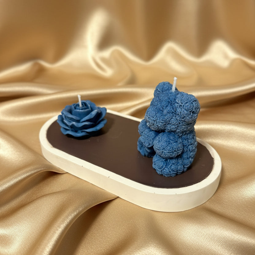 Handmade Teddy Bear & Rose Candle Set on Brown & White Tray | Luxury Decorative Candle Arrangement | Unique Gift for Her