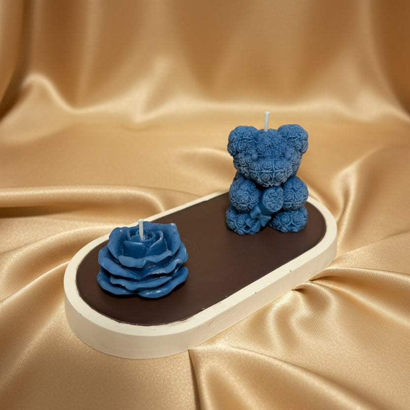 Handmade Teddy Bear & Rose Candle Set on Brown & White Tray | Luxury Decorative Candle Arrangement | Unique Gift for Her