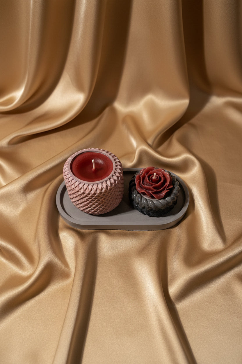 Luxury Handmade Candle Set with Decorative Tray | Textured Pillar Candle & Rose Candle | Modern Home Decor Gift