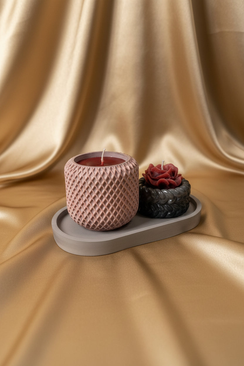 Luxury Handmade Candle Set with Decorative Tray | Textured Pillar Candle & Rose Candle | Modern Home Decor Gift