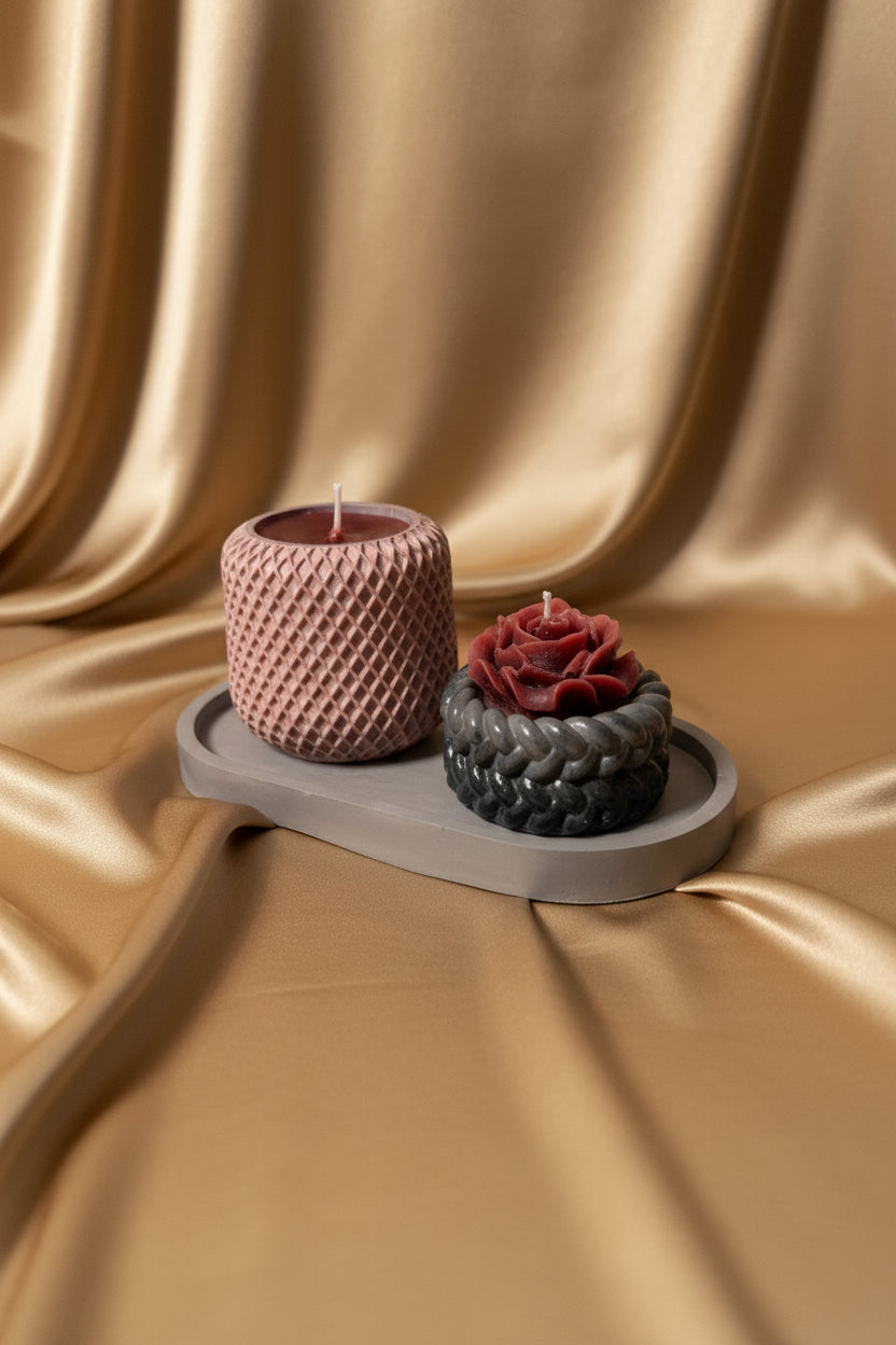 Luxury Handmade Candle Set with Decorative Tray | Textured Pillar Candle & Rose Candle | Modern Home Decor Gift
