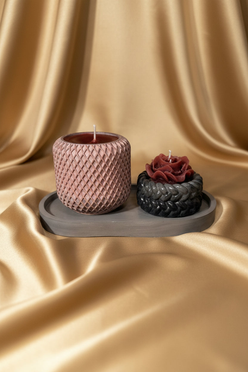 Luxury Handmade Candle Set with Decorative Tray | Textured Pillar Candle & Rose Candle | Modern Home Decor Gift