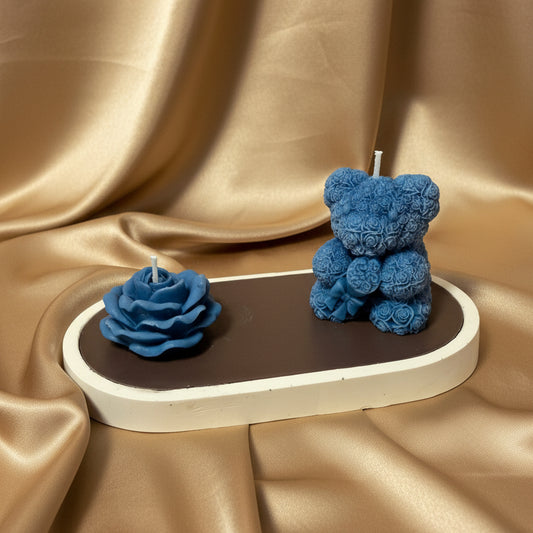 Handmade Teddy Bear & Rose Candle Set on Brown & White Tray | Luxury Decorative Candle Arrangement | Unique Gift for Her