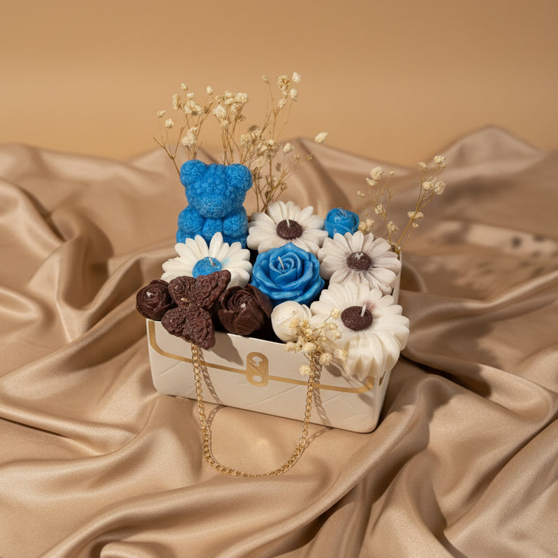 Luxury Candle Gift Bag with Blue Teddy Bear & Flower Candles | Handmade Wax Bouquet, Gift for Her