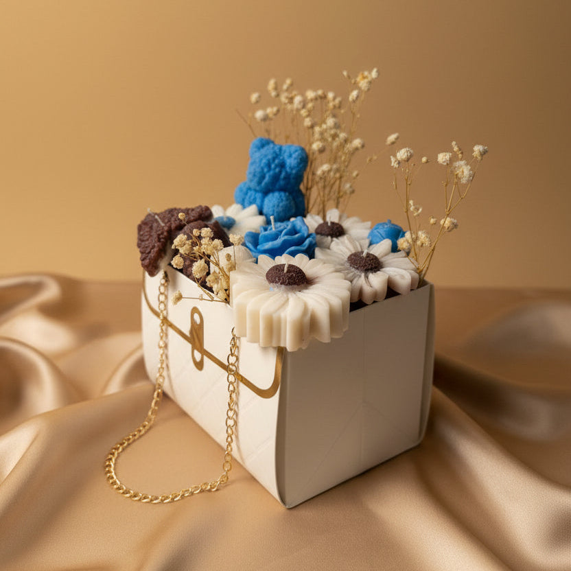 Luxury Candle Gift Bag with Blue Teddy Bear & Flower Candles | Handmade Wax Bouquet, Gift for Her