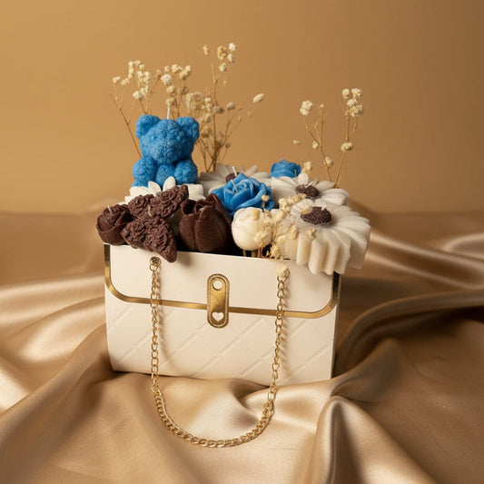 Luxury Candle Gift Bag with Blue Teddy Bear & Flower Candles | Handmade Wax Bouquet, Gift for Her